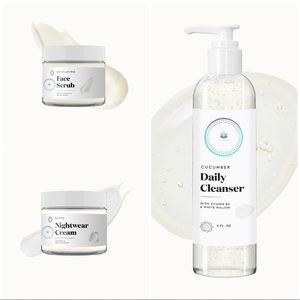DETOX NIGHTWEAR CREAM, EXFOLIATING FACE SCRUB, AND CUCUMBER DAILY CLEANSER.